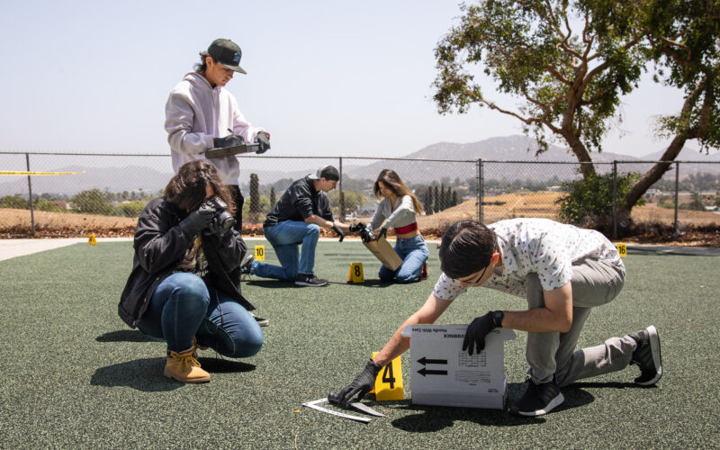 Students studying crime scene investigation